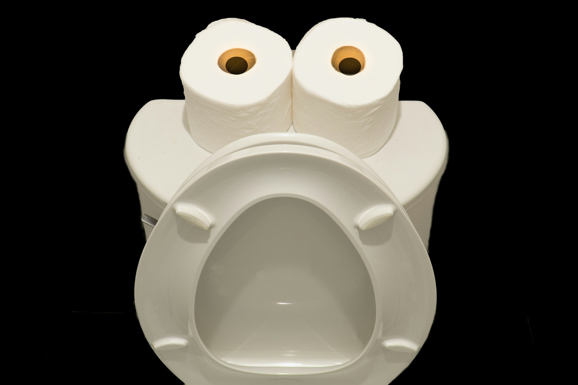 Ein Bild von einer Toilette, deren Deckel aufgeklappt ist und auf der zwei Rollen Toilettenpapier stehen, so dass sich ein staunender Gesichtsausdruck hineininterpretieren lässt.